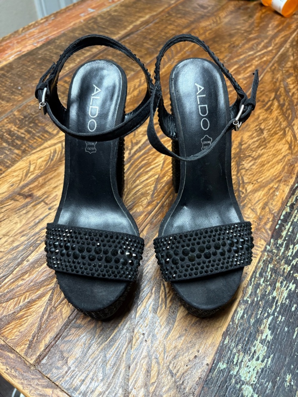 Y2K Aldo Black Mini Rhinestone Studded Platform Ankle-Strap Leather Heels Size 6 - Picture 4 of 11
